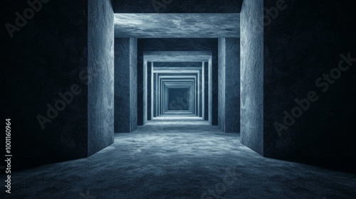 Abstract tunnel view with symmetric concrete walls and a mysterious perspective.