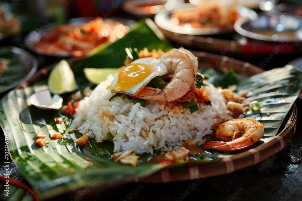 Shrimp Nasi Goreng with Sunny-Side Egg on Banana Leaf – Authentic Indonesian Street Food Shrimp Nasi Goreng with Sunny-Side Egg on Banana Leaf – Authentic Indonesian Street Food
