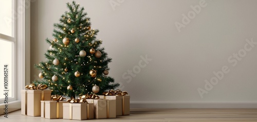 Christmas tree with golden ornaments and gift boxes in a cozy interior setting.