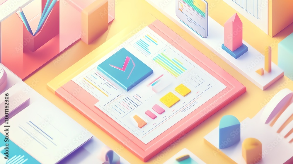 Capture a high-angle view of a business plan with vibrant colors and sharp details, suitable for a digital presentation Capture a high-angle view of a business plan with vibrant colors and sharp details, suitable for a digital presentation