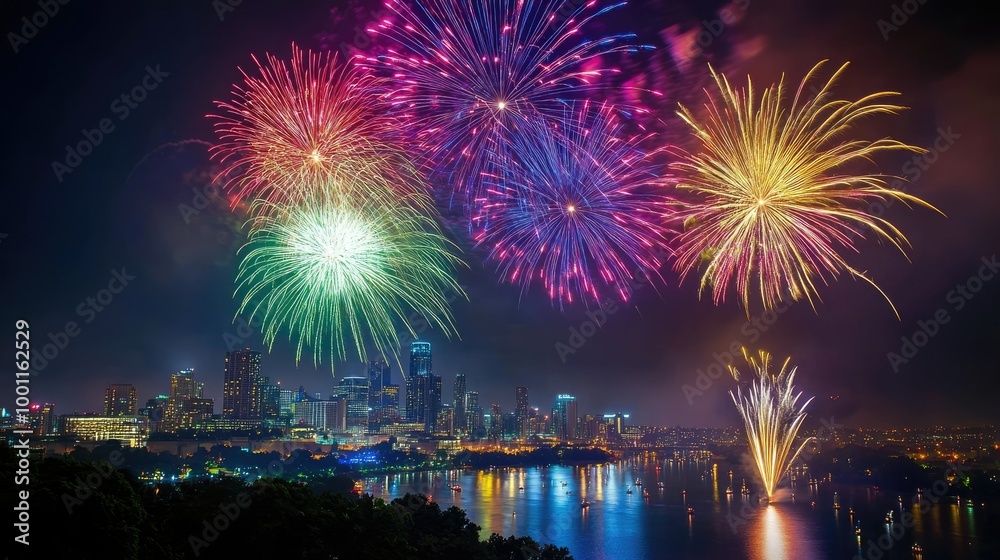 Bright Fireworks Lighting Up City Skyline at Night Bright Fireworks Lighting Up City Skyline at Night