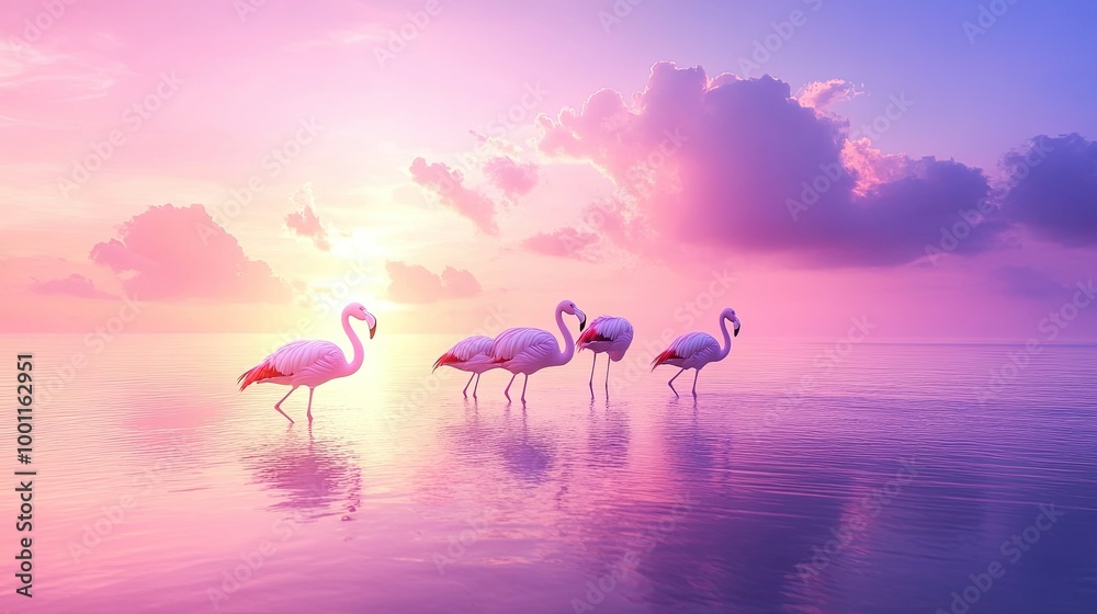 Flamingos in Shallow Lagoon at Sunset