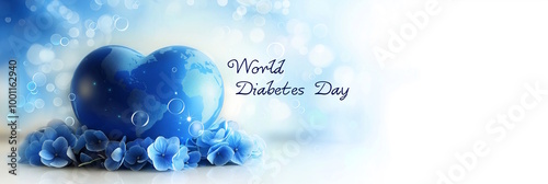Blue Heart-Shaped Globe on Flower Bed with Text for World Diabetes Day Awareness Campaign
