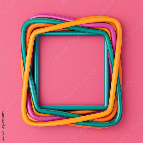 Colorful tangled shapes forming a square on a pink background. photo