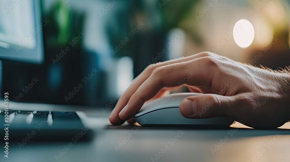 Hand Using Wireless Mouse on Sleek Workspace