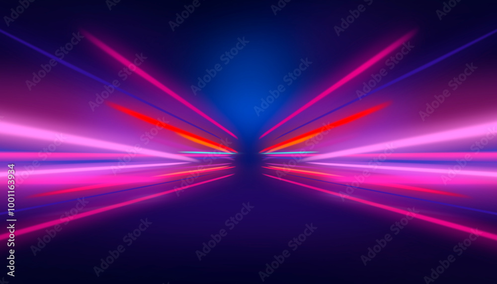 Abstract neon lines. Motion light effect for banners. Curved light trail stretched upward. Fast speed car.