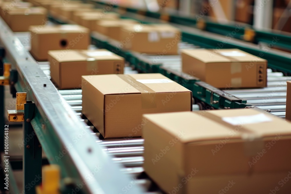 Cardboard boxes are moving on a conveyor belt in a distribution warehouse Cardboard boxes are moving on a conveyor belt in a distribution warehouse