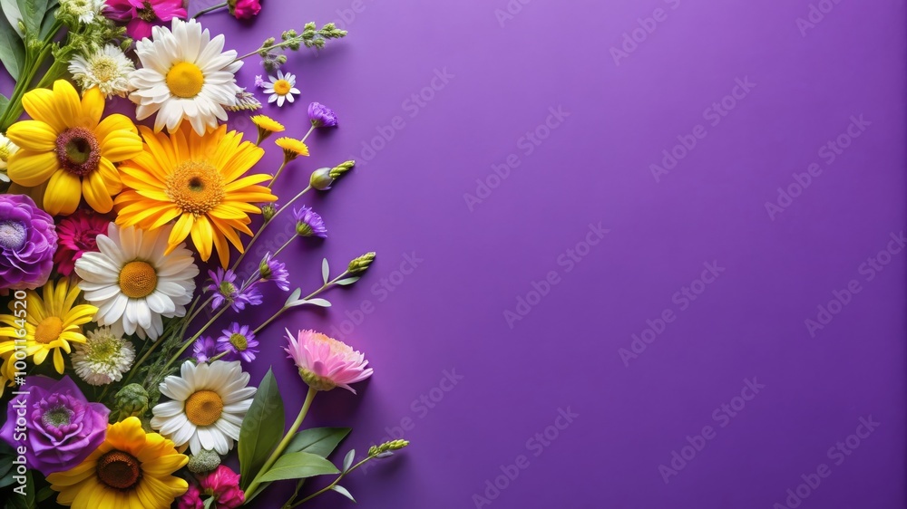 Colorful flowers arranged on a vibrant purple backdrop with copy space Colorful flowers arranged on a vibrant purple backdrop with copy space