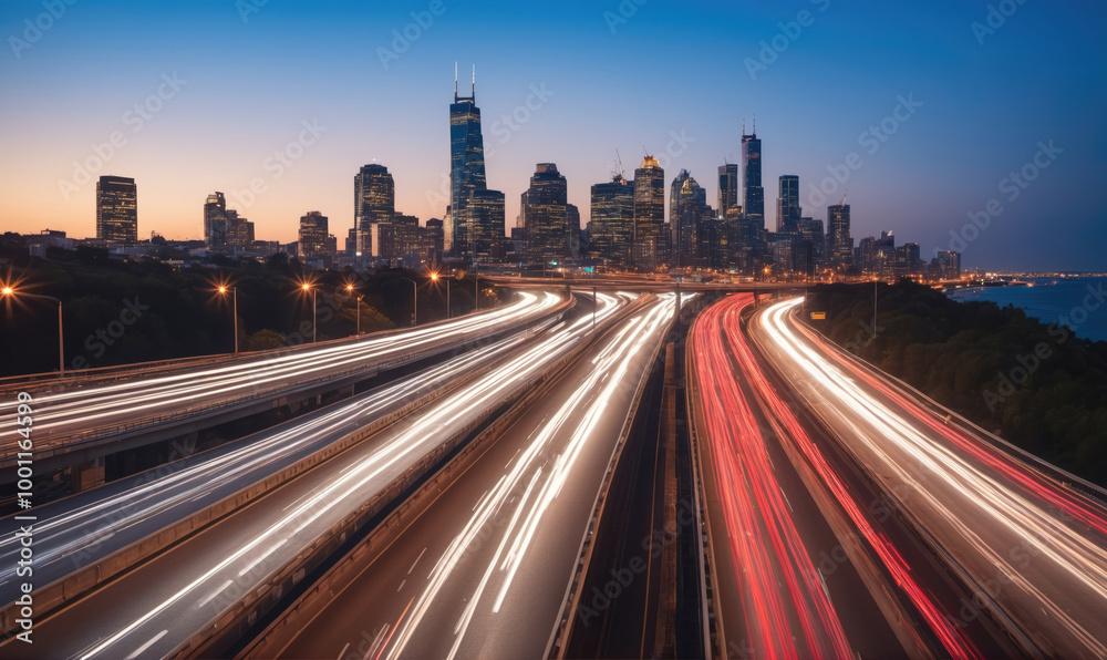A highway with blurred lights from passing cars winds through Chicago at dusk, with the city skyline illuminated in the distance A highway with blurred lights from passing cars winds through Chicago at dusk, with the city skyline illuminated in the distance