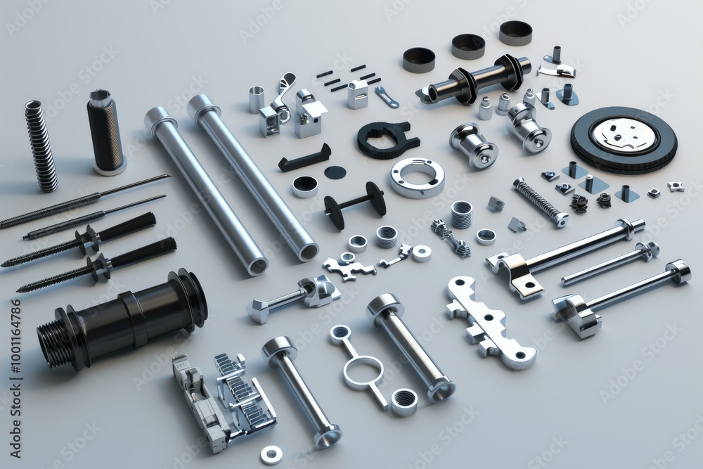 Collection of various metal machine parts lying on a grey background, showcasing their intricate details and metallic finishes Collection of various metal machine parts lying on a grey background, showcasing their intricate details and metallic finishes