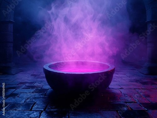 Mysterious cauldron with purple mist in a dark, mystical setting.