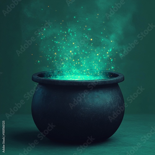 Mystical cauldron with shimmering green magic and sparkling dust. photo