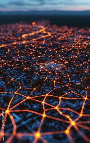 Network connections glowing in a digital landscape at night.