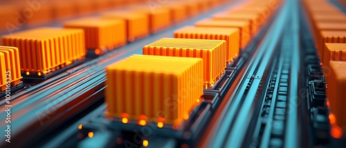 Orange shipping containers lined up on a conveyor belt for efficient transport.