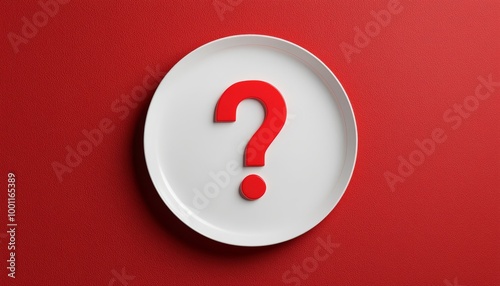 Plate with a red question mark on a red background, symbolizing food dilemmas.