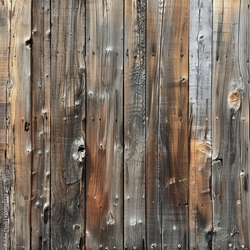 A weathered wooden fence, featuring rustic planks with natural imperfections and a range of brown hues photo