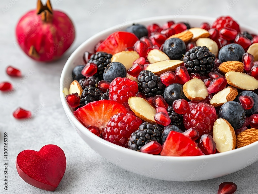 Colorful fruit and nut salad in a white bowl on a light gray surface. Colorful fruit and nut salad in a white bowl on a light gray surface.
