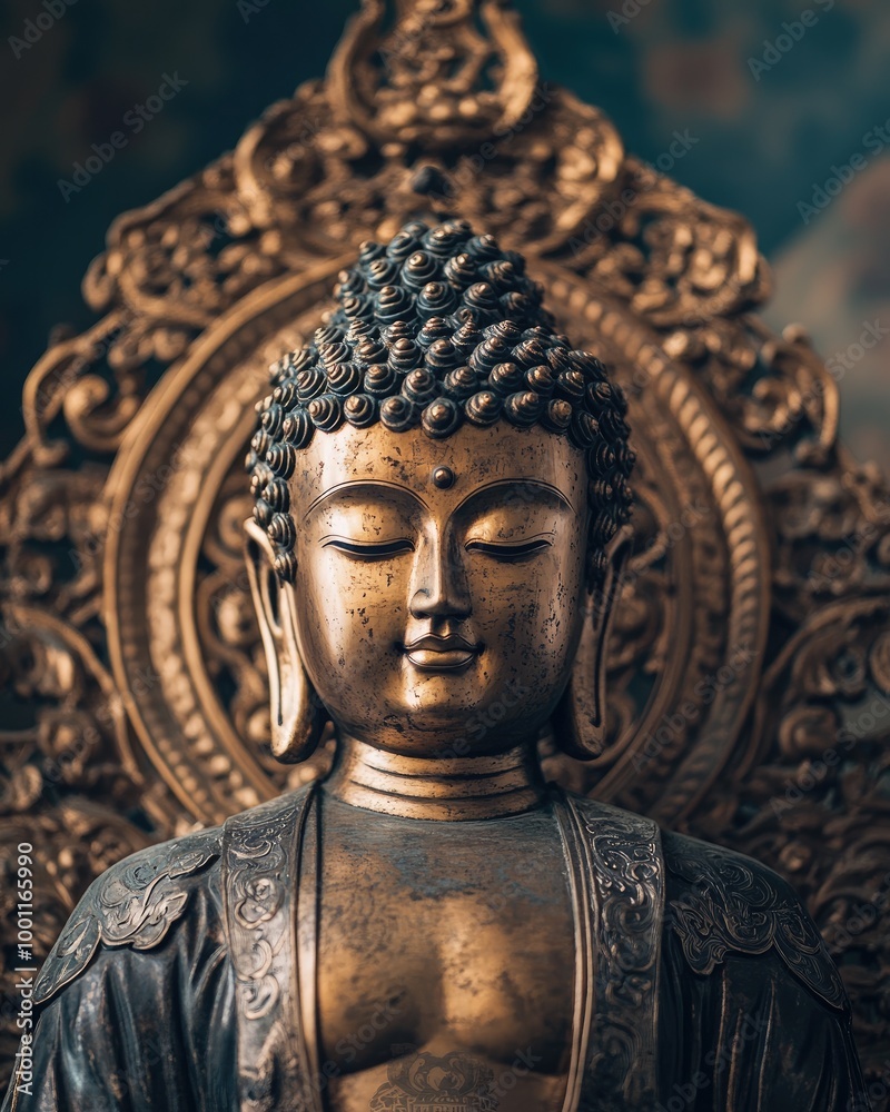 Golden Buddha Statue with Intricate Carvings and Peaceful Expression Golden Buddha Statue with Intricate Carvings and Peaceful Expression