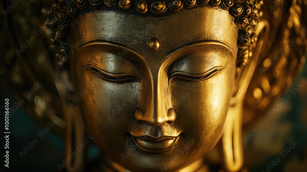 Golden Buddha Statue with Intricate Carvings and Peaceful Expression