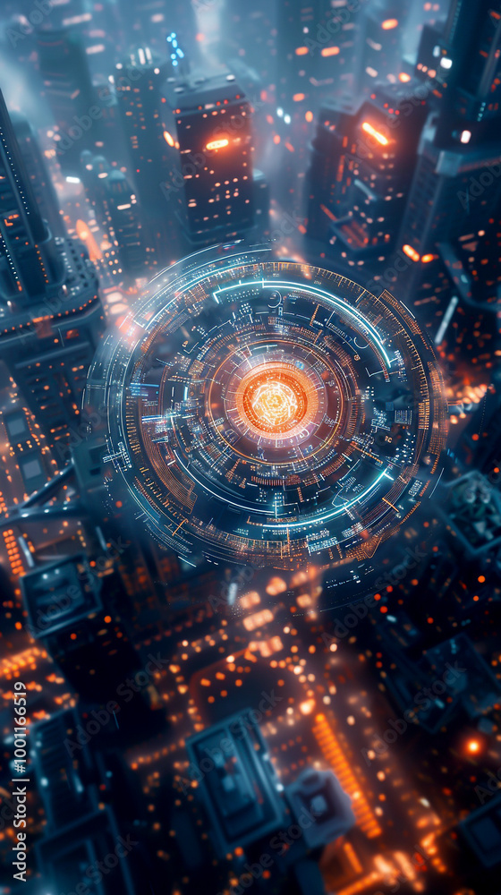 Obraz premium 3D futuristic business graphic with magical elements, top view, showcasing an imaginative corporate world, cybernetic tone, vivid