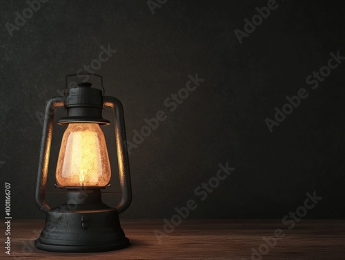 Vintage oil lantern glowing on a dark background, creating a warm atmosphere.