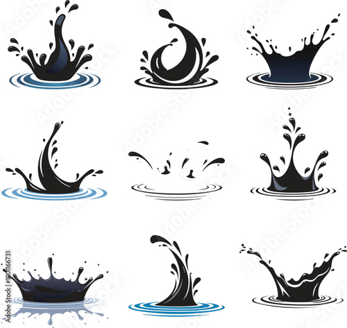 Black Water Splash Vector Icon Set. Fresh Droplet Isolated Ink Illustration Transparent Background