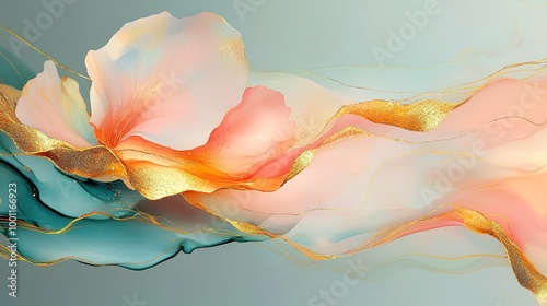 Elegant abstract background, luxury minimal design featuring golden line art of flowers and botanical leaves, watercolor composition ideal for banners, posters, web, and packaging.