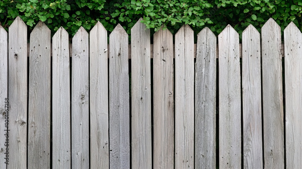 Wooden fence with greenery at the top, white isolated background. Wooden fence with greenery at the top, white isolated background.