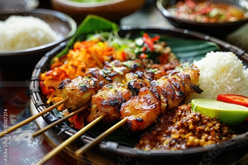 Authentic Indonesian Satay Skewers with Rice and Vegetables on a Banana Leaf