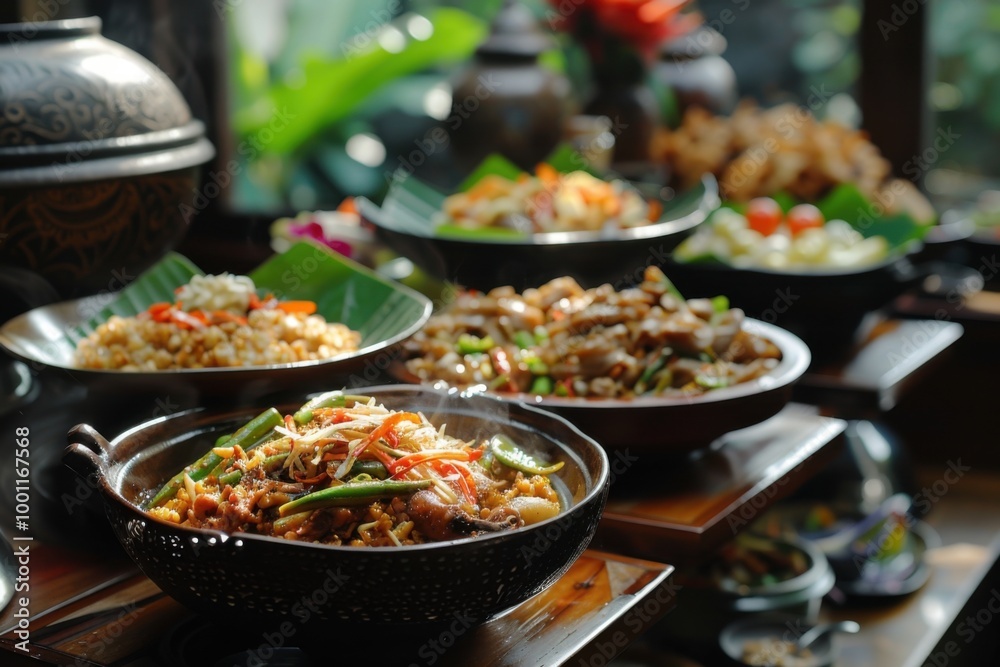 Authentic Indonesian Satay Skewers with Rice and Vegetables on a Banana Leaf