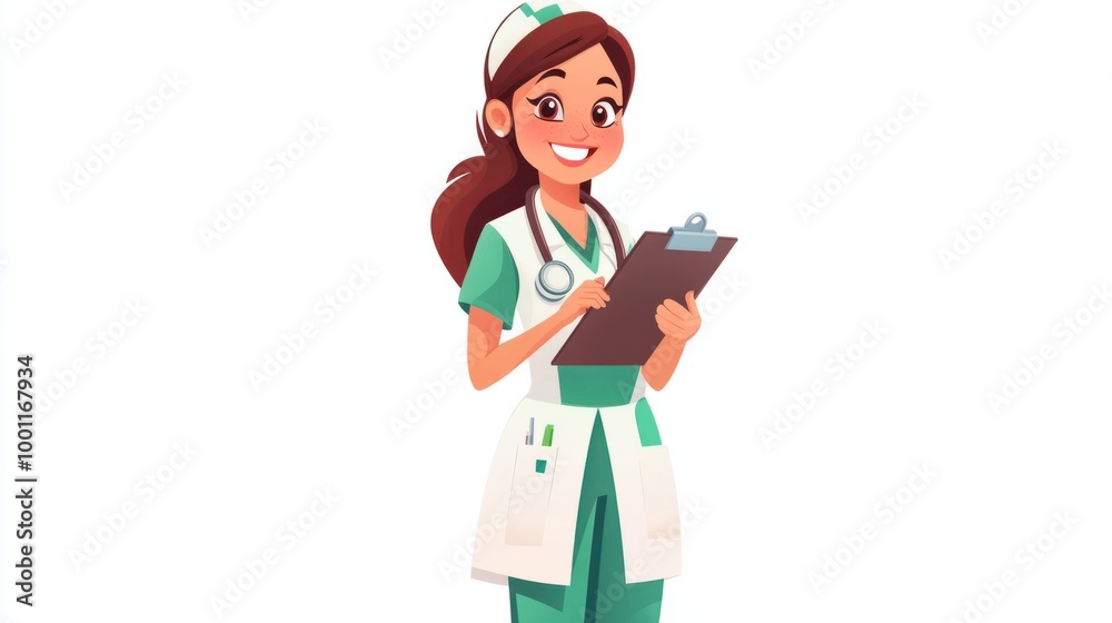 Cartoon nurse standing with a syringe and a clipboard, smiling brightly, isolated on a clean white background. Cartoon nurse standing with a syringe and a clipboard, smiling brightly, isolated on a clean white background.