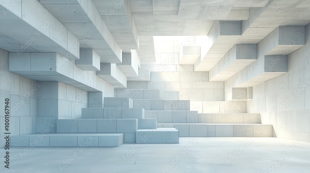 Fototapeta premium Futuristic Semigloss Fish Scale Mosaic Wall, intricately arranged concrete tiles in a 3D design, showcasing stacked blocks for a modern architectural backdrop.
