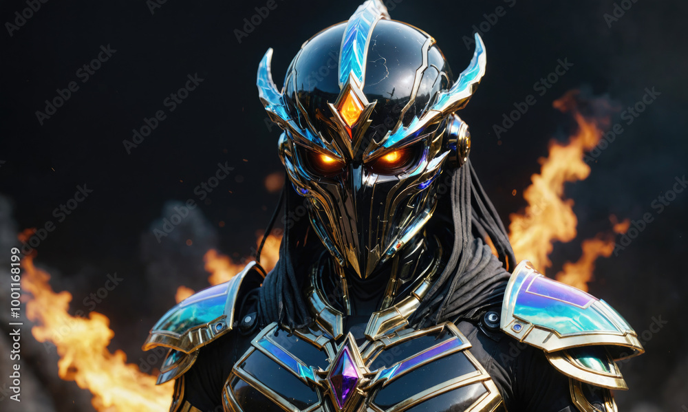 A warrior in a black and gold suit of armor stands in front of a fire A warrior in a black and gold suit of armor stands in front of a fire