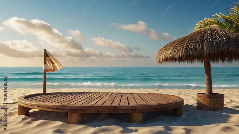 Empty wooden platform on the beach with a straw umbrella, a flag and a palm tree.