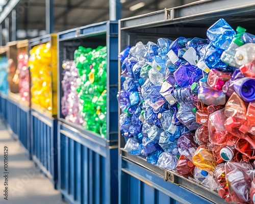 Colorful compacted plastic bottles sorted in a recycling facility, ready for processing into new materials. Environmentally friendly waste management. photo