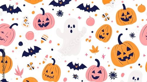 Halloween seamless pattern featuring Day of the Dead symbols, playful autumn motifs, spooky sketches of ghosts and pumpkins, enchanting wallpaper design for festive decor.