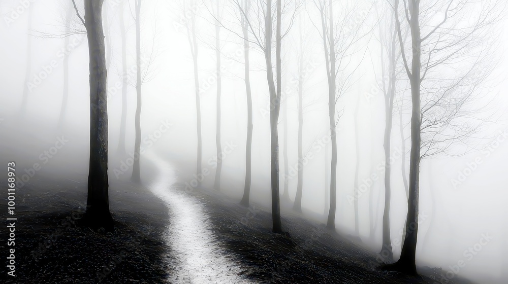 Obraz premium Misty Forest Enchantment, a serene black and white depiction of a fog-laden forest, evoking a sense of mystery and tranquility amidst towering trees and soft shadows.