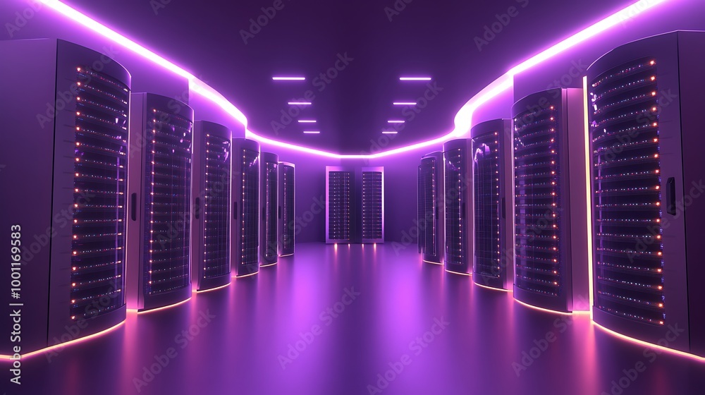 Rows of servers in a futuristic data center with neon lights. Rows of servers in a futuristic data center with neon lights.