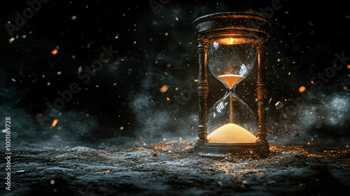 Symbolic Broken Hourglass with Scattered Sand on Dark Background Concept of Time Passing