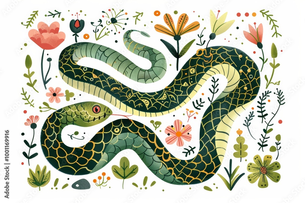 Colorful snake in botanical surroundings Colorful snake in botanical surroundings