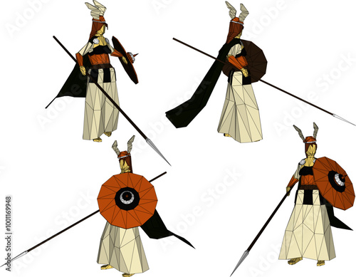 Vector sketch illustration of the design of a royal period female soldier at war holding a weapon and shield