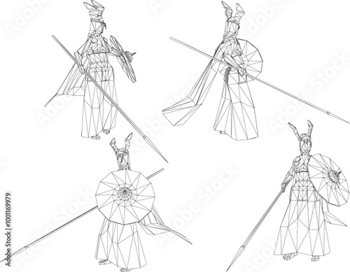 Vector sketch illustration of the design of a royal period female soldier at war holding a weapon and shield 