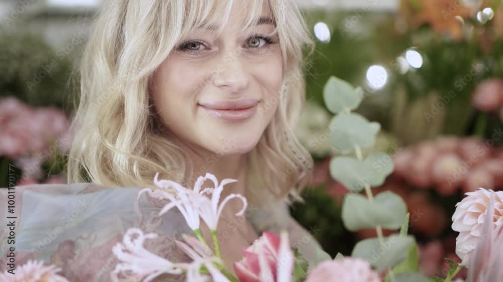 Beautiful Girl Playing with Flowers in Flower Shop Beautiful Girl Playing with Flowers in Flower Shop