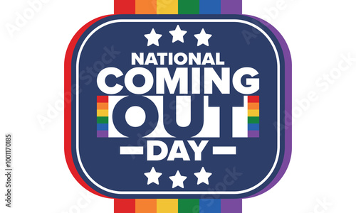 National Coming Out Day. Happy holiday. Pride month. LGBT rainbow flag. Diversity and equality. Gay and lesbian. Free love, heart shape. Illustration. Vector poster