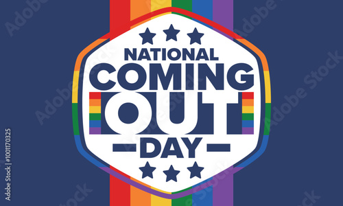 National Coming Out Day. Happy holiday. Pride month. LGBT rainbow flag. Diversity and equality. Gay and lesbian. Free love, heart shape. Illustration. Vector poster