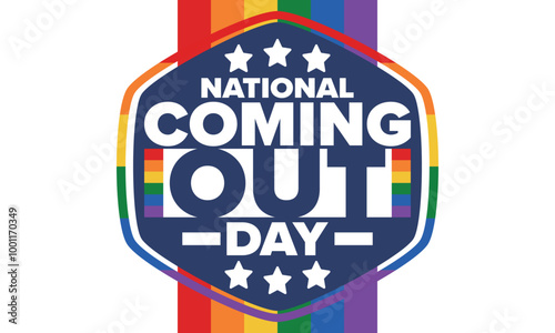 National Coming Out Day. Happy holiday. Pride month. LGBT rainbow flag. Diversity and equality. Gay and lesbian. Free love, heart shape. Illustration. Vector poster