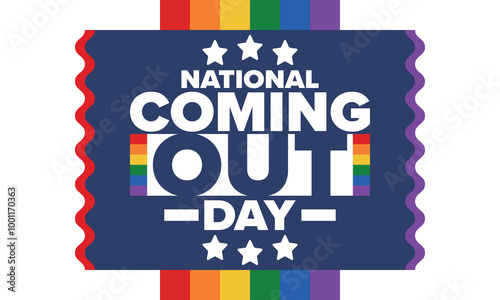 National Coming Out Day. Happy holiday. Pride month. LGBT rainbow flag. Diversity and equality. Gay and lesbian. Free love, heart shape. Illustration. Vector poster