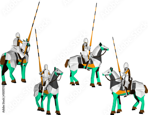 Vector sketch illustration of the design of a soldier wearing a royal era armor uniform riding a horse while fighting while holding a weapon