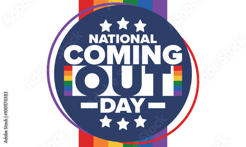 National Coming Out Day. Happy holiday. Pride month. LGBT rainbow flag. Diversity and equality. Gay and lesbian. Free love, heart shape. Illustration. Vector poster