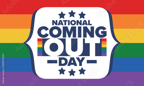 National Coming Out Day. Happy holiday. Pride month. LGBT rainbow flag. Diversity and equality. Gay and lesbian. Free love, heart shape. Illustration. Vector poster